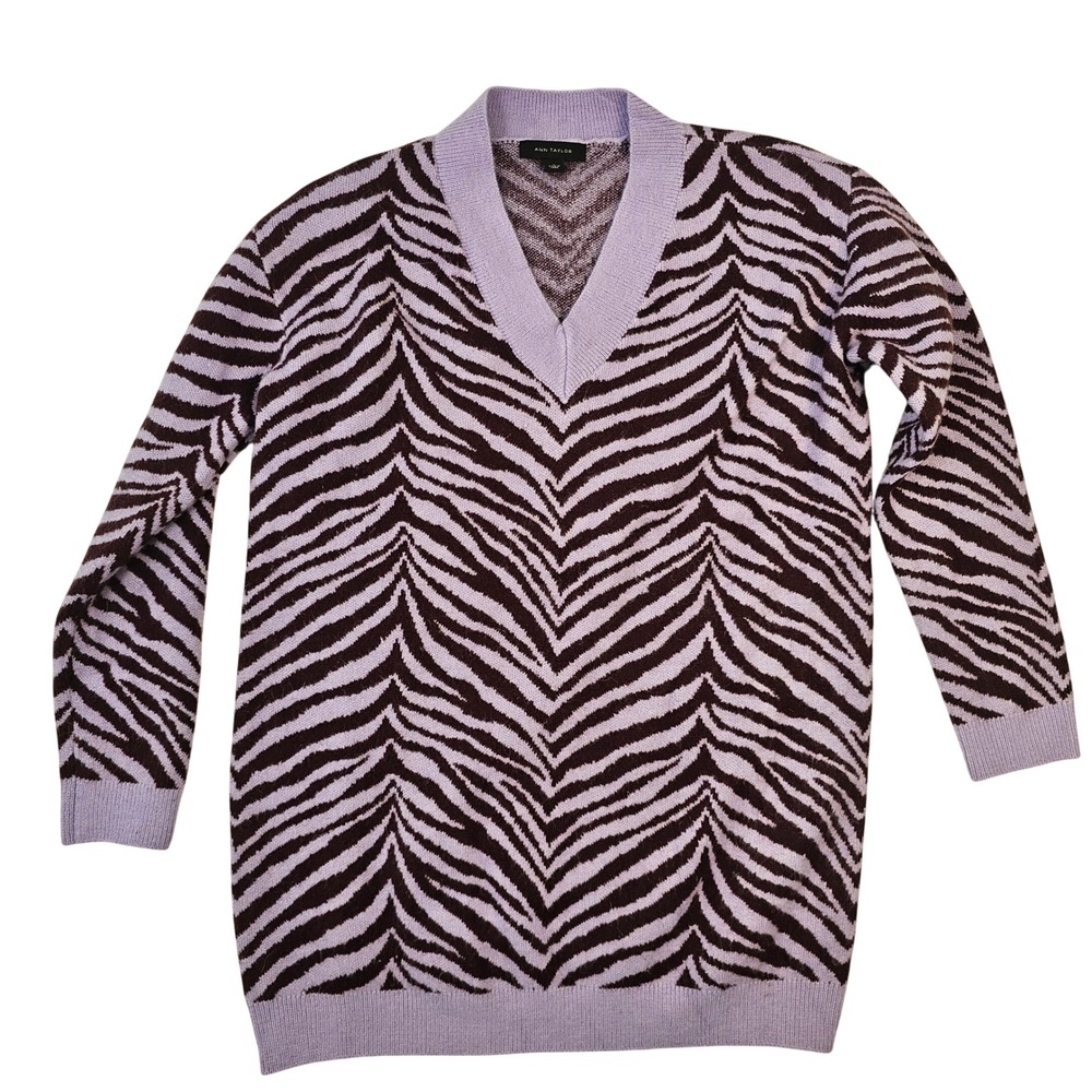 Ann Taylor Purple Zebra Print V-Neck Sweater Tunic Size M Animal Print Knit